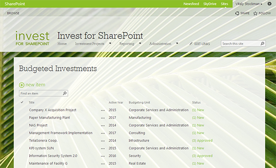 Invest for SharePoint, Project List