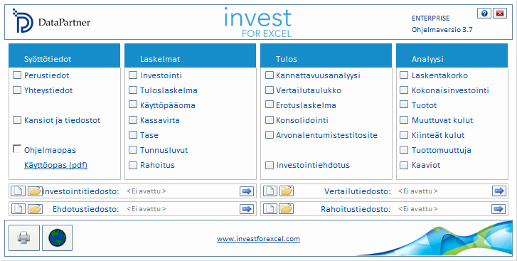Invest for Excelin aloitusnäyttö. Ohjelmalla tehdään m.m. investointilaskelmia ja arvonmäärityksiä. Kuvakaappaus.