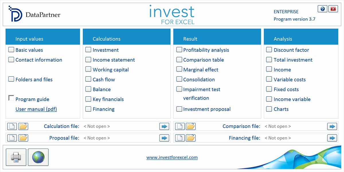 Start screen of Invest for Excel® Enterprise Edition software for capital budgeting, investment appraisal and valuation. Screenshot.