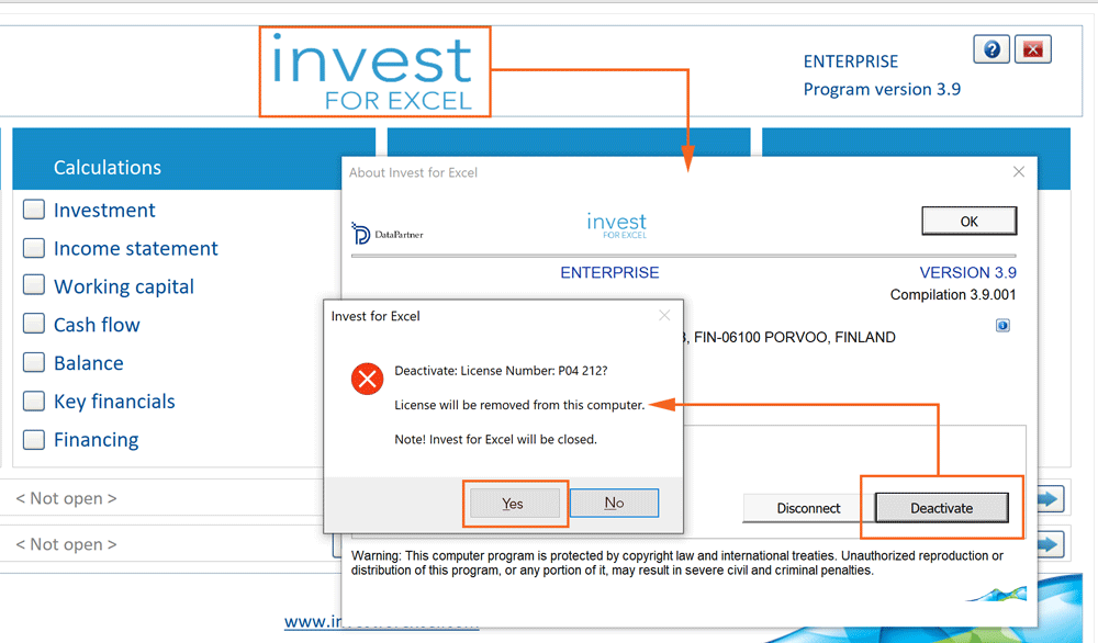 Deactivate Invest for Excel