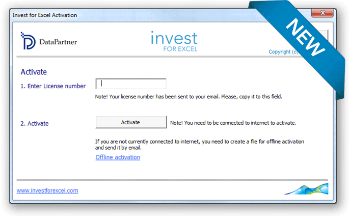 Online activation - new function of Invest for Excel
